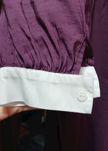 Düğmeli Uzun Mor Keten Elbise - Görsel 5