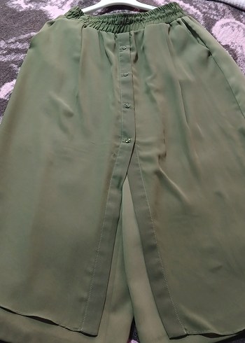 Düğmeli Salaş Haki Kadın midi  Etek pantolon - Görsel 10