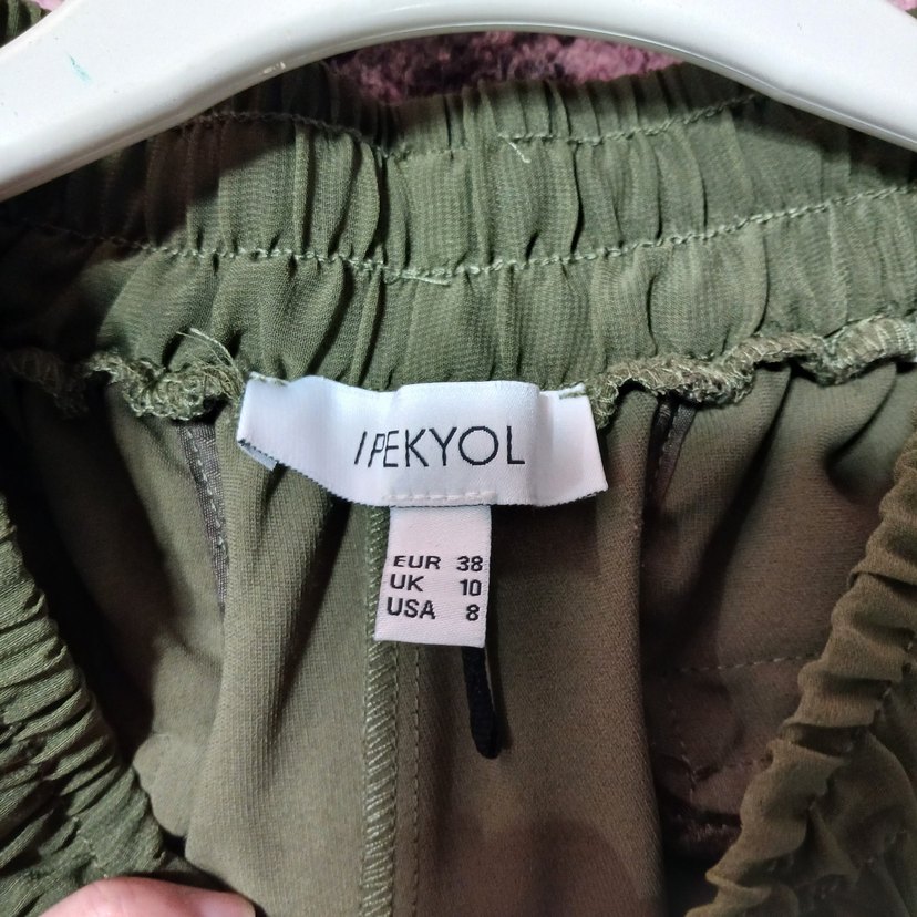 Düğmeli Salaş Haki Kadın midi  Etek pantolon - Görsel 3