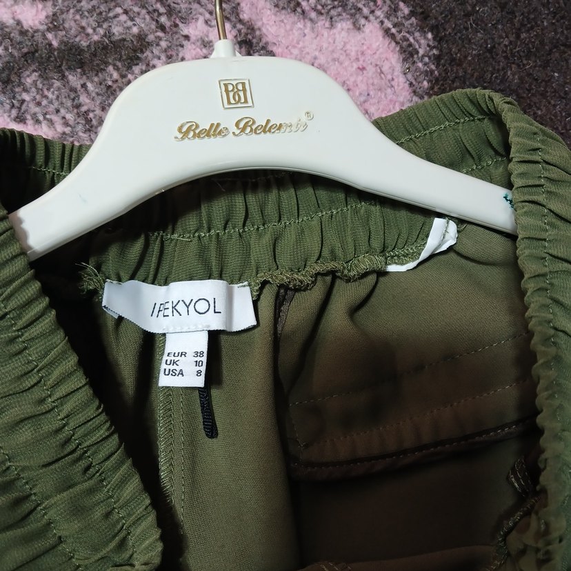 Düğmeli Salaş Haki Kadın midi  Etek pantolon - Görsel 2