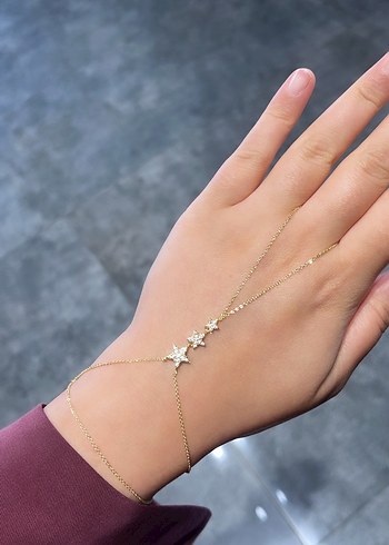 Yıldızlı Gold Şahmeran İşlemeli Altın Rengi Kadın El Zinciri