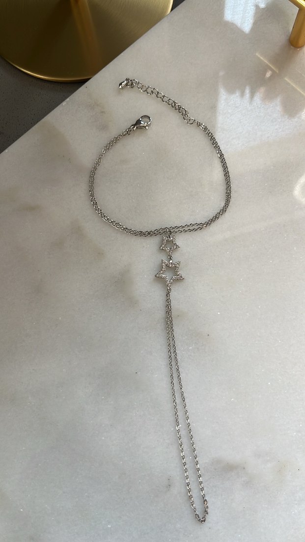 İki Yıldızlı Taşlı Şahmeran Zincirli Gümüş Renk - Görsel 4
