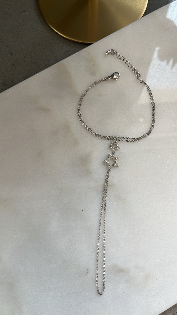 Yıldızlı Gümüş renk  Şahmeran Zincir Detaylı Kadın El Zinciri - Görsel 2