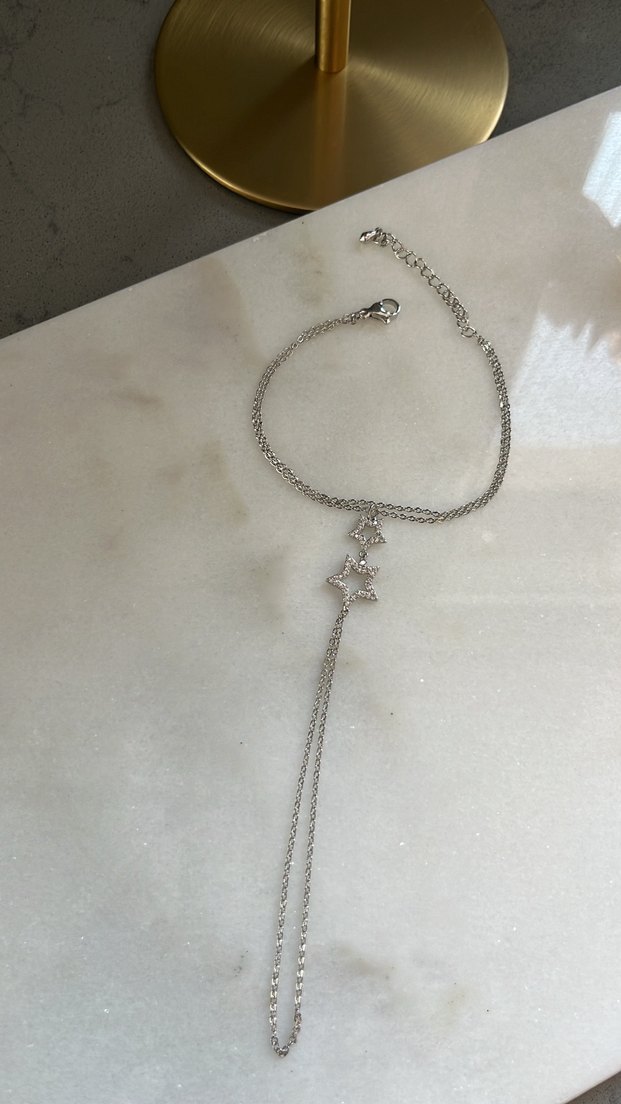 Yıldızlı Gümüş renk  Şahmeran Zincir Detaylı Kadın El Zinciri - Görsel 3