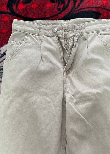 Düğmeli bej Pamuklu Salaş Kadın Pantolon - Görsel 2