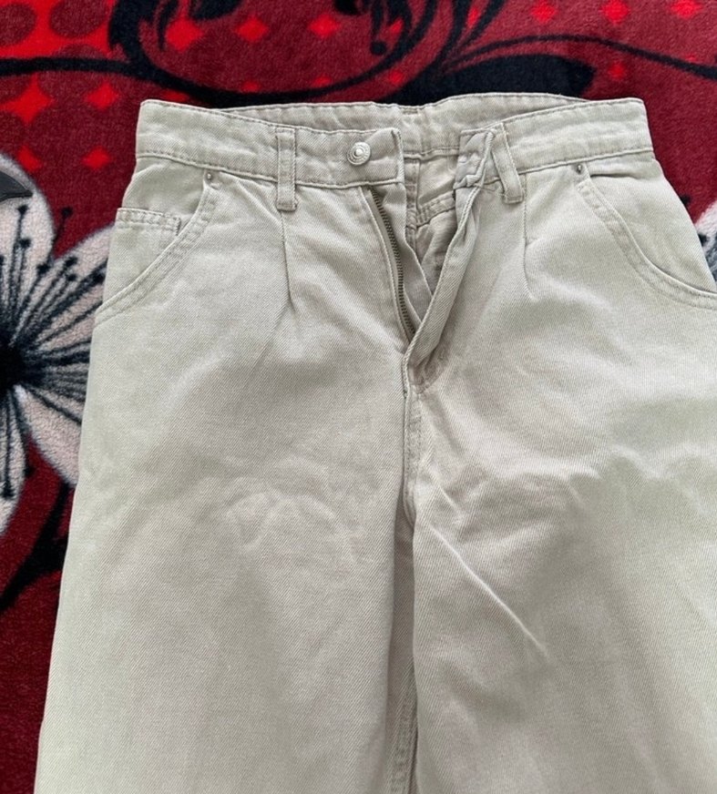 Düğmeli bej Pamuklu Salaş Kadın Pantolon - Görsel 2