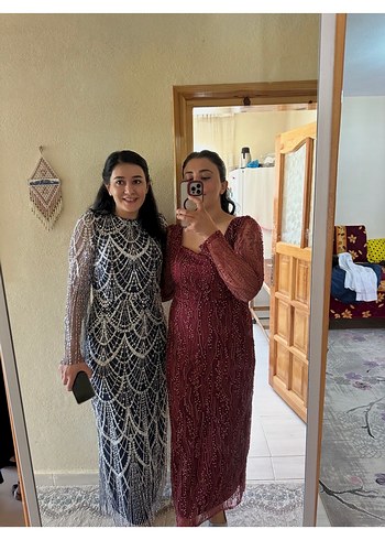 Bordo Uzun Kollu Salaş Bohem Elbise bir kere giyildi - Görsel 5