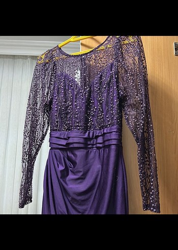 Uzun Kollu Mor Drapeli Kadın Abiye Elbise bir kere giyildi - Görsel 5