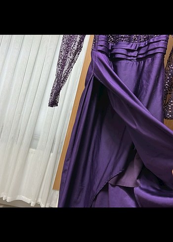 Uzun Kollu Mor Drapeli Kadın Abiye Elbise bir kere giyildi - Görsel 4