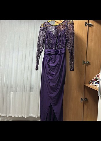 Uzun Kollu Mor Drapeli Kadın Abiye Elbise bir kere giyildi - Görsel 6