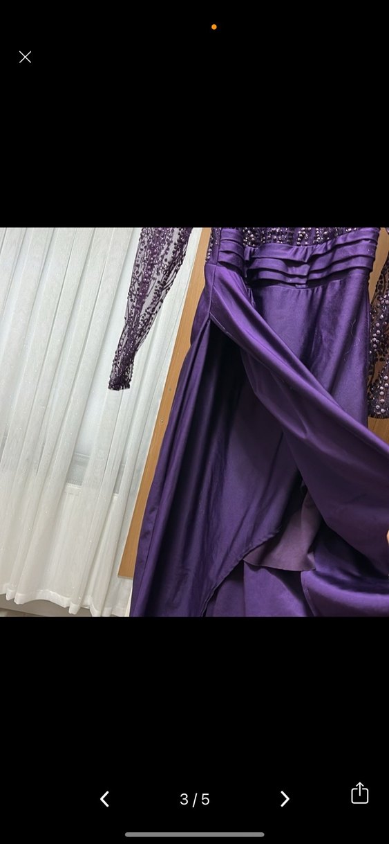 Uzun Kollu Mor Drapeli Kadın Abiye Elbise bir kere giyildi - Görsel 4