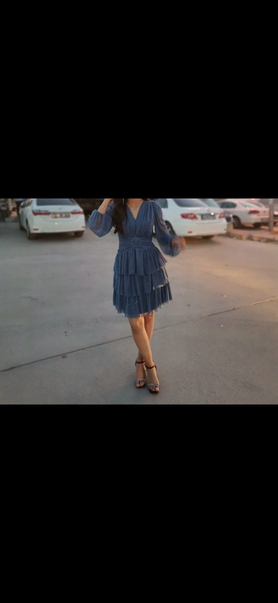 Mavi Denim V Yaka Fırfırlı Mini Elbise - Görsel 2