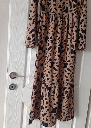 Kahverengi Zebra Desenli Uzun Elbise - Görsel 3