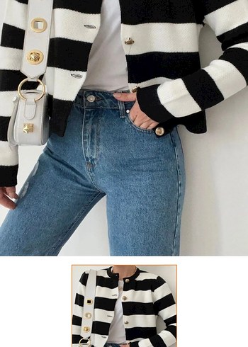 Düğmeli Siyah Beyaz Zebra Desenli Hırka