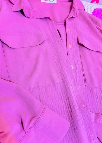 Pembe Pamuklu Düğmeli Uzun Kollu Gömlek - Görsel 2