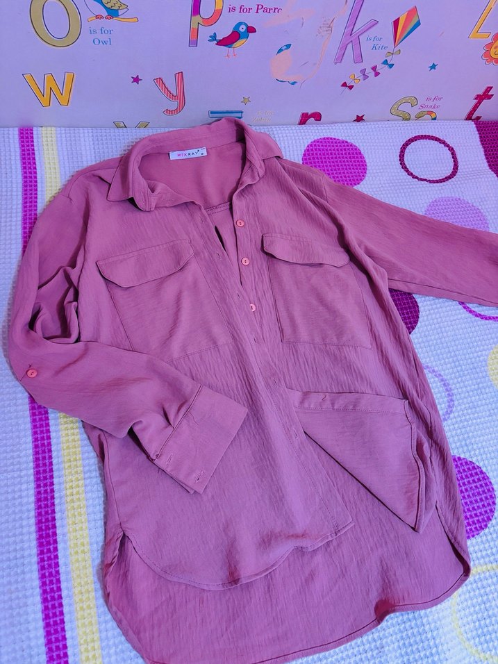 Pembe Pamuklu Düğmeli Uzun Kollu Gömlek - Görsel 3