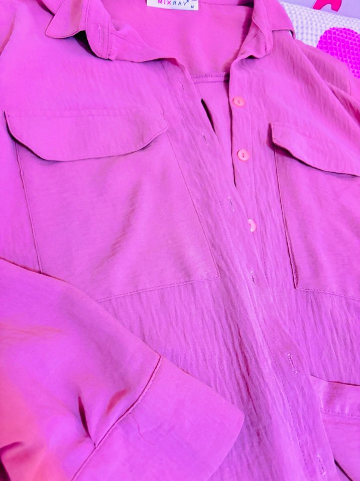 Pembe Pamuklu Düğmeli Uzun Kollu Gömlek - Görsel 2