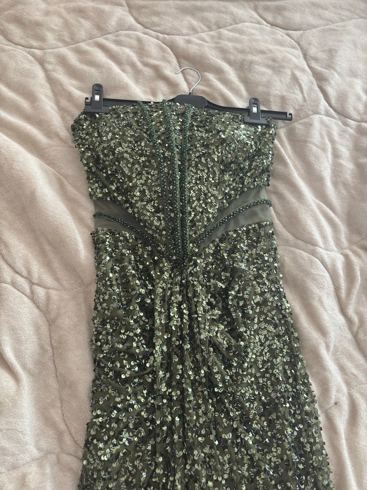 Straplez Leopar Desenli Yeşil Uzun Abiye Elbise - Görsel 4