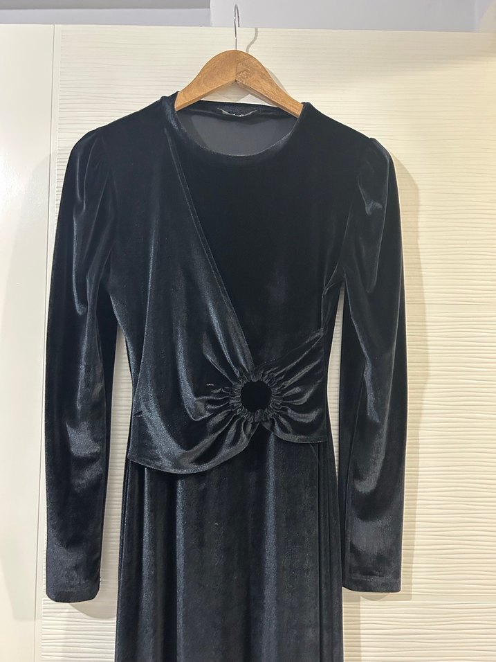 Siyah Kadife Uzun Kollu Kadın Elbise - Görsel 5