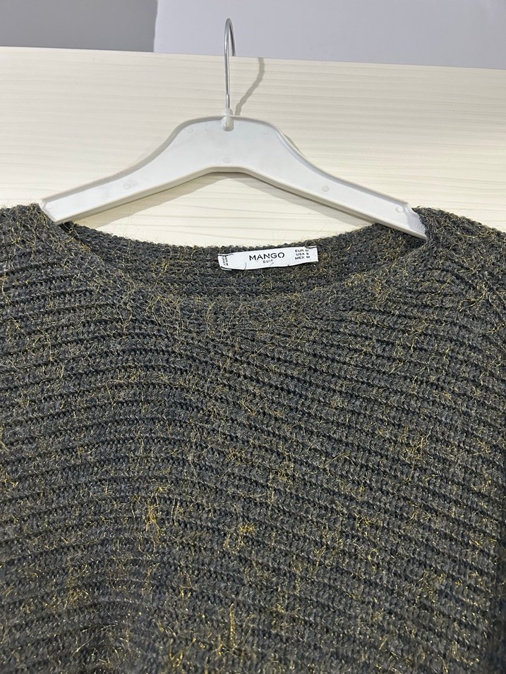 Gri Uzun Kollu Mango Örgü Kadın Kazak - Görsel 5