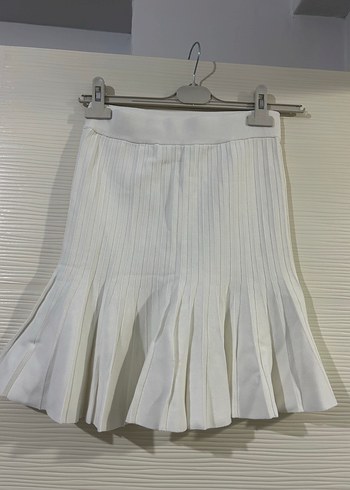 Kadın Beyaz Triko  Pileli Mini Etek - Görsel 4