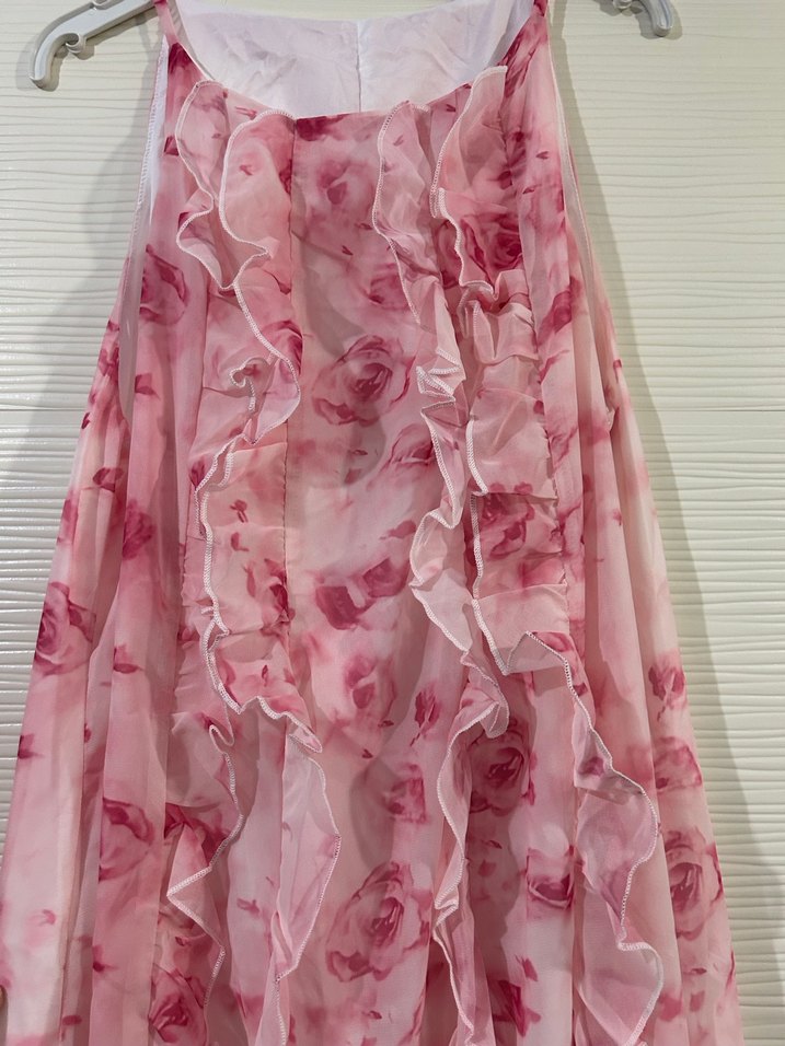 Pembe Volanlı Uzun Bohem Elbise - Görsel 4