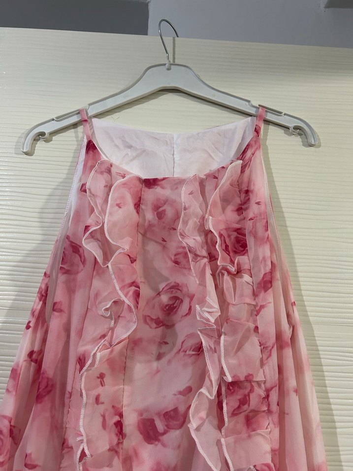 Pembe Volanlı Uzun Bohem Elbise - Görsel 3