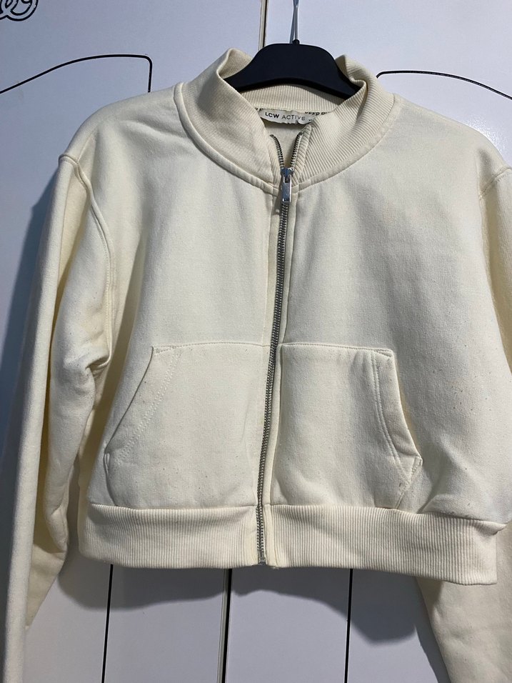 Ekru Fermuarlı Crop Sweatshirt — görsel 3/6