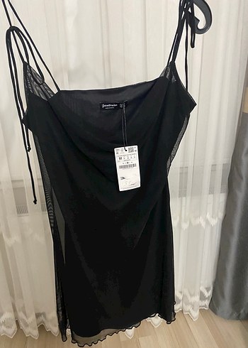 Siyah Drapeli Midi Halter Yaka Elbise
