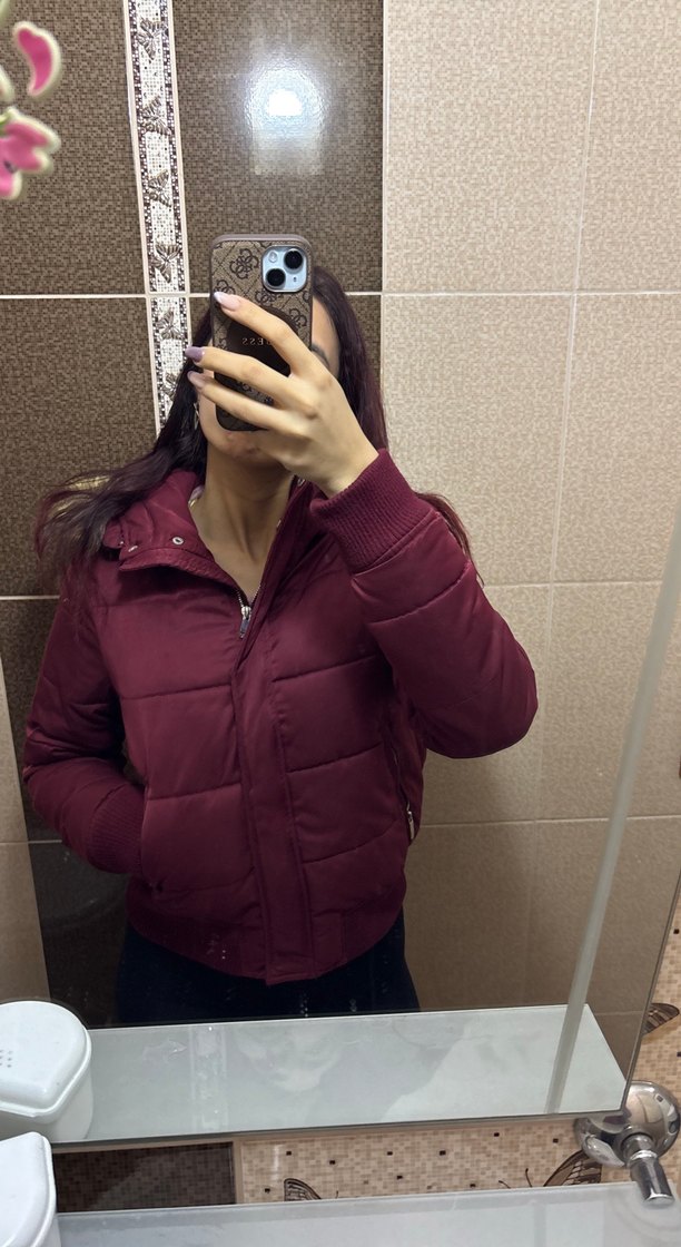 Bordo Kadın Puff Mont, Midi Boy, Street Style - Görsel 2