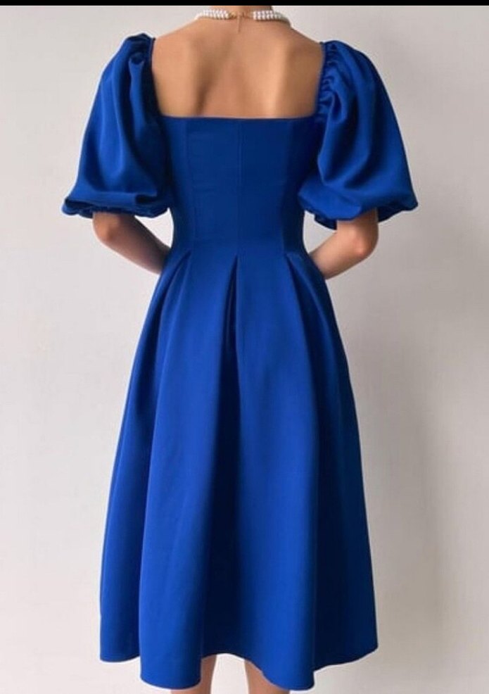 L Mavi Midi Boy Modern Klasik Elbise - Görsel 2