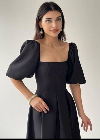 46 beden Siyah Uzun Modern Klasik Kadın Elbise - Görsel 4