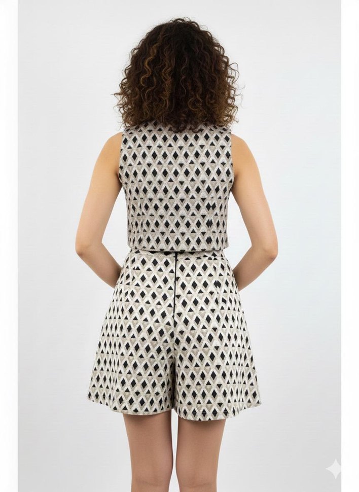 XL bedenDüğmeli V Yaka Kadın Yelek ve şortlu etek sıfır ürün Bej - Görsel 3