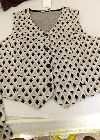 Düğmeli Bohem V Yaka Gri Kadın Yelek şortlu etek takımı L beden - Görsel 3