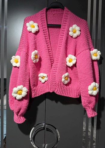 Diğer El Örgüsü Pembe Çiçekli Bohem Mini Triko Hırka