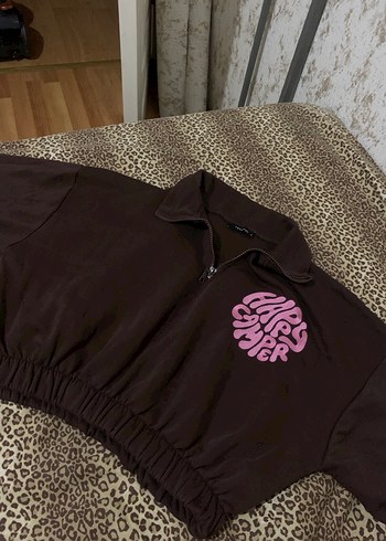 Kahverengi Baskılı Fermuarlı Sweatshirt