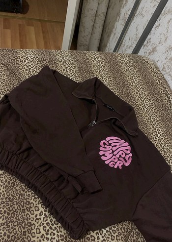 m Beden Kahverengi Baskılı Fermuarlı Sweatshirt
