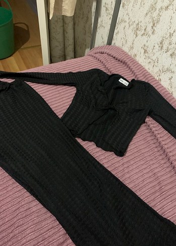 l Beden siyah Renk Kadın Siyah Piliseli Rahat Kesim Kumaş Pantolon uzun kollu bluz