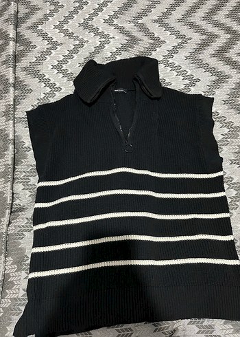 Siyah Beyaz Çizgili Triko Kadın Kazak - Görsel 2