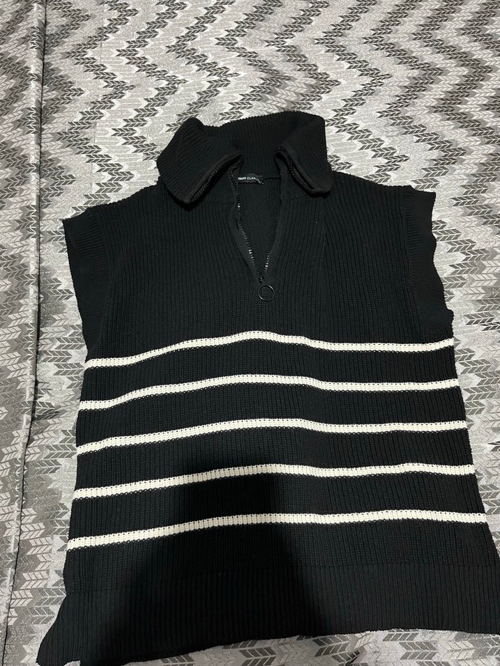 Siyah Beyaz Çizgili Triko Kadın Kazak - Görsel 2