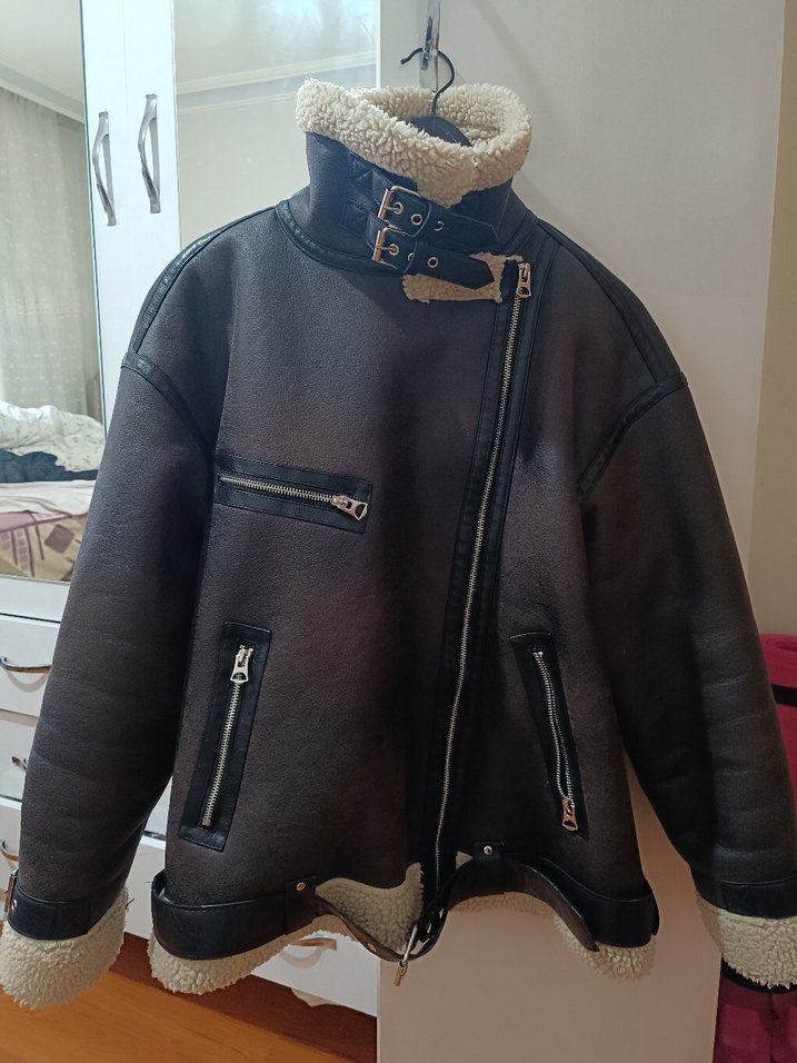 Kürklü Kahverengi Deri Biker Ceket - Görsel 4