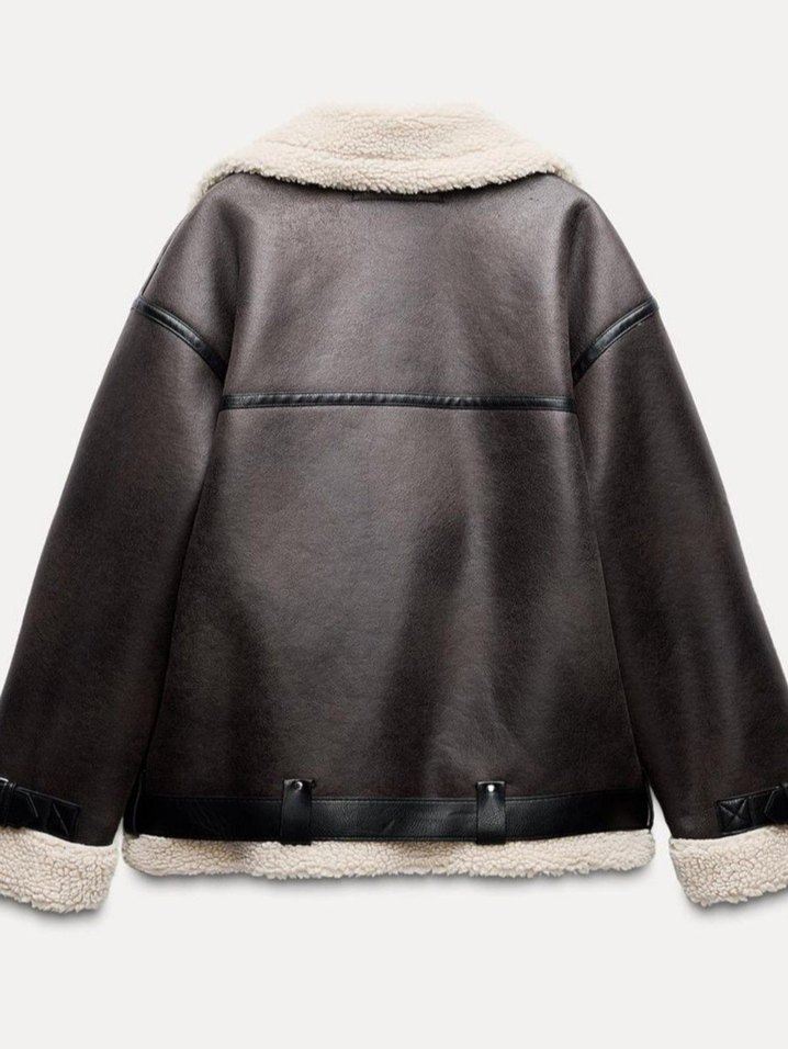 Kürklü Kahverengi Deri Biker Ceket - Görsel 2