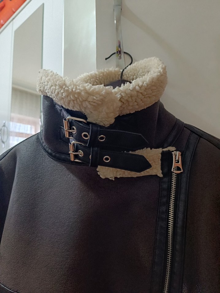 Kürklü Kahverengi Deri Biker Ceket - Görsel 3