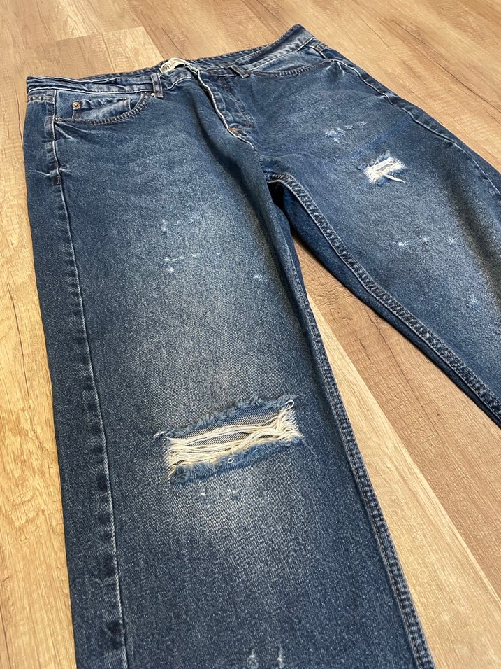 Mavi Parlak Street Style Bol Kesim Erkek Kot Pantolon - Görsel 2