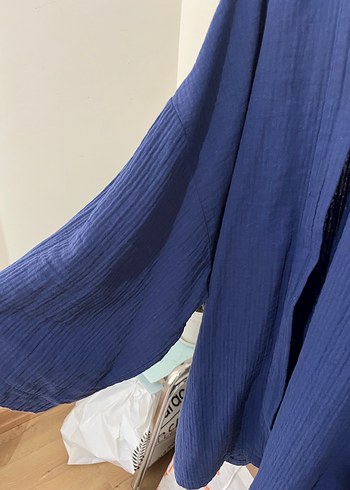 Kadın Mavi müslin Kimono ceket düğmesiz - Görsel 3