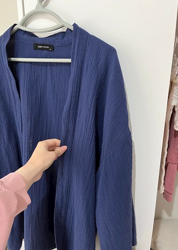 Kadın Mavi müslin Kimono ceket düğmesiz - Görsel 2