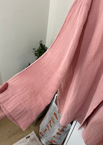 Düğmeli Pembe müslin Kadın Gömlek - Görsel 3