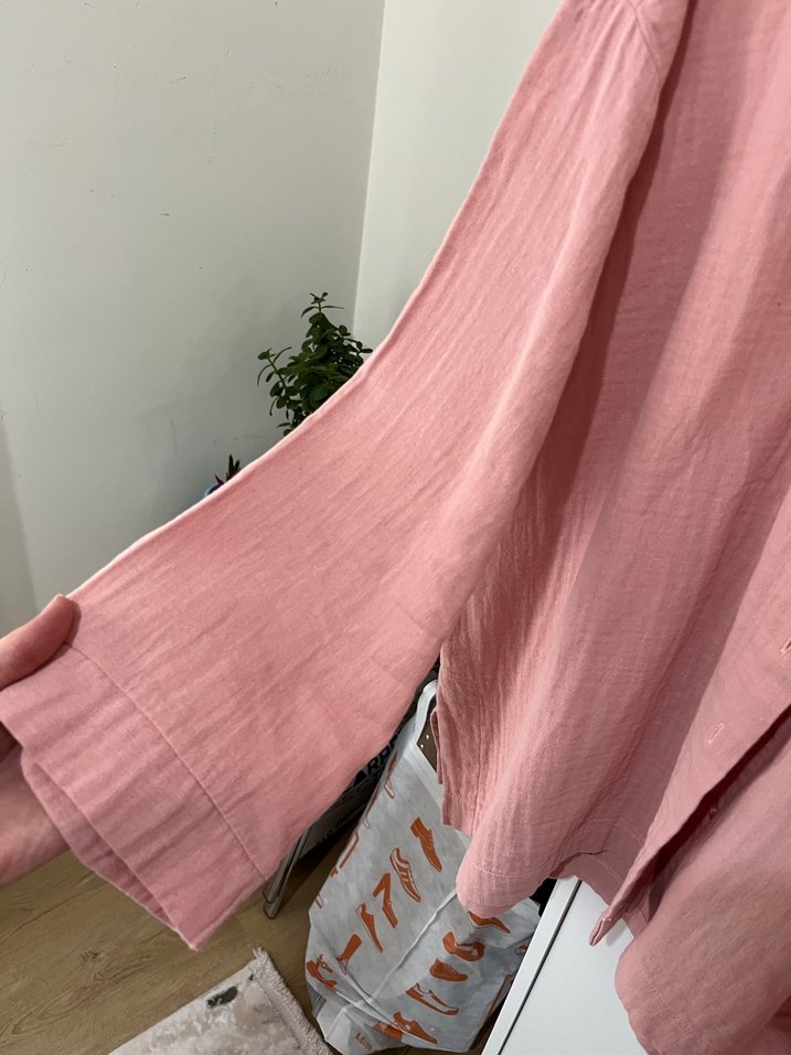 Düğmeli Pembe müslin Kadın Gömlek - Görsel 3