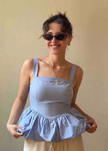 açık mavi askılı şık bluz