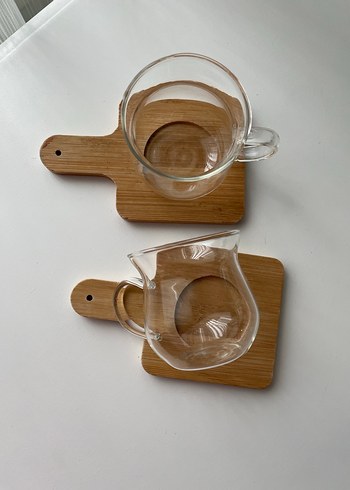 Bambu Tabaklı Cam Kulplu Kupa Seti - Görsel 2